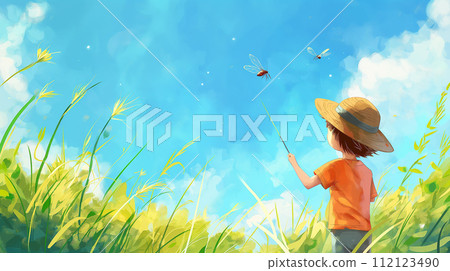 一個戴著草帽的男孩來找昆蟲 112123490