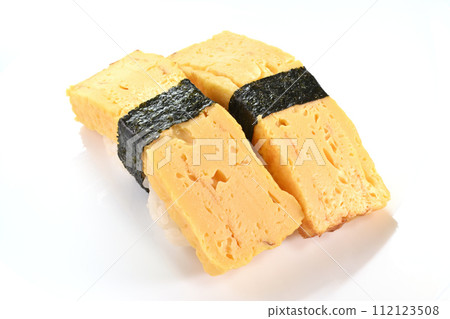 2 pieces of egg nigiri sushi on white background 2 pieces of egg nigiri sushi on white background 112123508