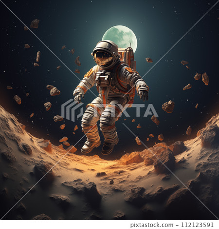 Astronaut space suit performing extra cosmic activity space against stars and planets background. By generative Ai 112123591
