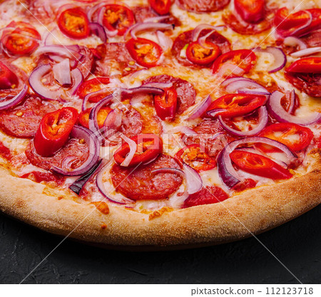 tasty pepperoni pizza with red chili pepper and onion 112123718