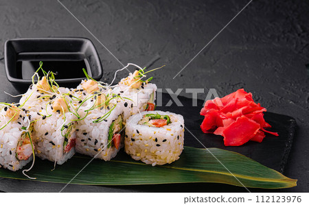 Fresh delicious Japanese sushi with shrimp 112123976