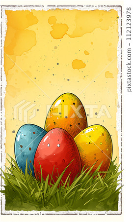 AI-generated content. Watercolor illustration of painted eggs on green grass on a yellow background in a frame. Copy space. 112123978