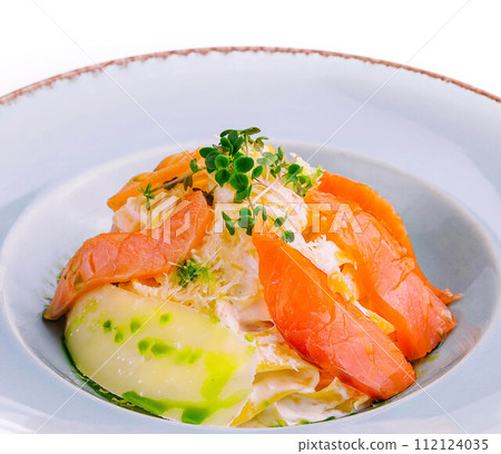 plate of pasta and smoked salmon 112124035