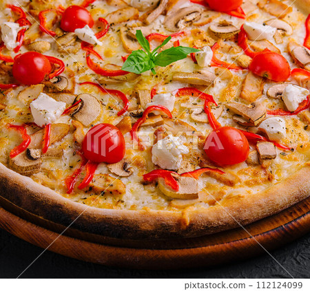 Pizza with chicken and tomatoes Pizza with chicken and tomatoes 112124099