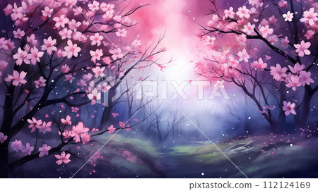 手绘卡通唯美的春天夜晚风景水彩插画 112124169