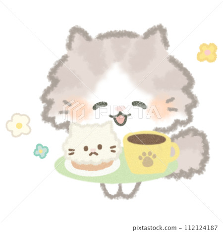 蓬鬆可愛的長毛貓拿著蛋糕套裝 112124187