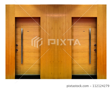 Modern beige wooden looking steel two door, front door, isolated on white background 112124279