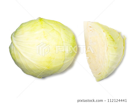 Pieces of white cabbage on a white background. From the garden. Vegetable isolate. Cut cabbage. Healthy lunch ingredient. Healthy food concept.   Can be eaten raw 112124441