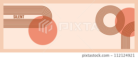 Minimalist geometric zen arches banner template with text - Silent. Abstract boho shapes in a retro aesthetic for versatile design use. Vector concept design 112124921