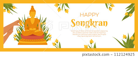 Songkran, Buddha water ceremony. Hand Pouring water the monk sculpture. Thailand New Year. Vector horizontal banner template in flat style for celebrating. 112124925