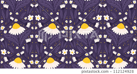 Continuous design featuring a daisy motif in midnight purple hue. Repeated surface pattern of chamomile on a backdrop of lavender. 112124928