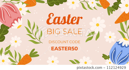 Easter sale horizontal background template for promotion. Design with blue and pink painted eggs, flowers and leaves, carrot 112124929