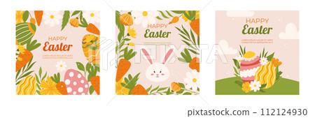 Easter collection of square social media post template. Design with flowers, painted eggs, bunny and carrot. Hand drawn flat vector illustration 112124930