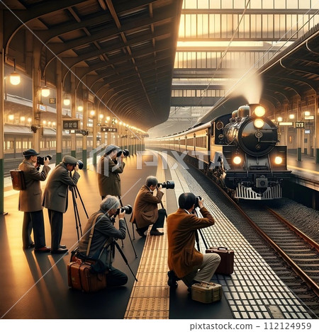 AI-generated content. Japanese Railfan or Train Otaku Taking Photos of a Steam Train Arriving Station AI-generated content. Japanese Railfan or Train Otaku Taking Photos of a Steam Train Arriving Station 112124959