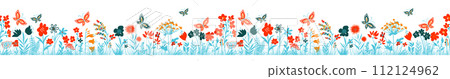 Horizontal grass headers seamless pattern. Cute simple flowers and butterflies in the grass. hand drawing. Not AI, Vector illustration. 112124962