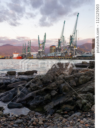 Port area. Cranes for ships. The atmosphere of a cargo seaport. Marine urban landscape. 112125003