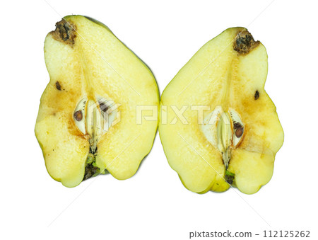 Quince slices. Spoiled fruit slices. Wormy quince. The pulp of a juicy fruit. 112125262