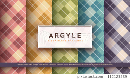 Set 5 Seamless Argyle Pattern. Traditional Scottish Texture. Fashionable Fabric. Textile Background. 112125289