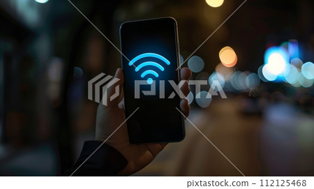 Wi-Fi signal icon on a phone screen held by a hand against a dark background. Wi-Fi signal icon on a phone screen held by a hand against a dark background. 112125468