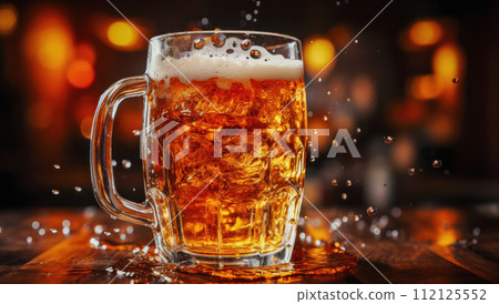 Beer in a beer mug, refreshing drink with white foam and beer splashes Beer in a beer mug, refreshing drink with white foam and beer splashes 112125552