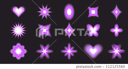 Aura Y2k blurred gragient set unfocused shapes, abstract geometric shapes, star, heart, flower in trendy retro style. Futuristic collection 112125560