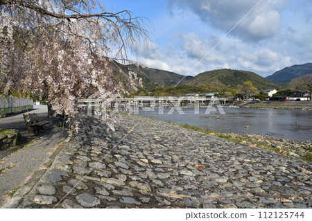 春天的日本京都，嵐山周圍的街道，旅遊景點渡月橋和桂川，鵝卵石河岸上盛開著美麗的櫻花 112125744