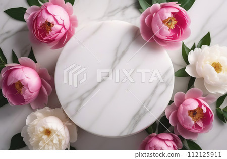 Empty round podium cosmetic product. Fresh pink peony flowers around. Abstract geometrical one form. Cylinder marble white sphere, soft shadow. White background. Trendy showcase, display case. 112125911