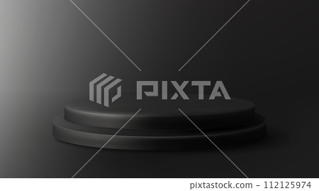 Realistic black studio, dark round podium. Realistic black studio, dark round podium. 112125974