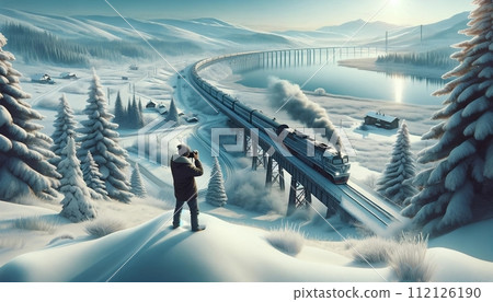 AI-generated content. One Railfan or Train Buff Taking Photos of a Train in Winter Landscape 112126190