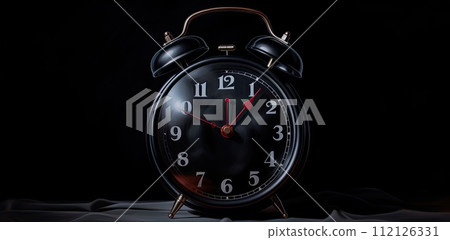 AI-generated content. Black round old alarm clock on black background  112126331