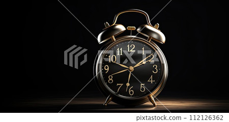 AI-generated content. Black round old alarm clock on black background  112126362