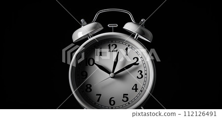 AI-generated content. Black round old alarm clock on black background  112126491