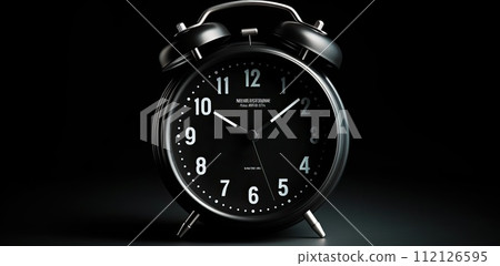 AI-generated content. Black round old alarm clock on black background  112126595