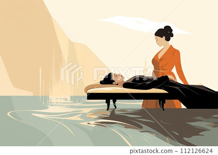 AI-generated content. Comfortable bed with massage, surrounded by art, plants, and wood in a bedroom. 112126624