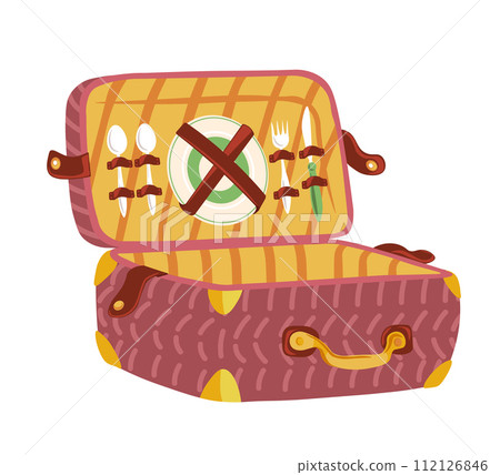 Picnic hamper or basket with plates and flatware Picnic hamper or basket with plates and flatware 112126846