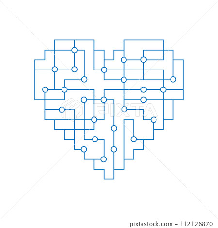 Linear circuit board with heart shape for love technology metaphor. Vector logo illustration. 112126870