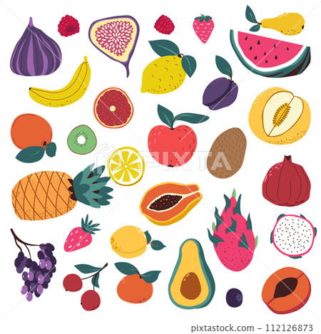 Ripe fruits and berries, assortment of food vector Ripe fruits and berries, assortment of food vector 112126873