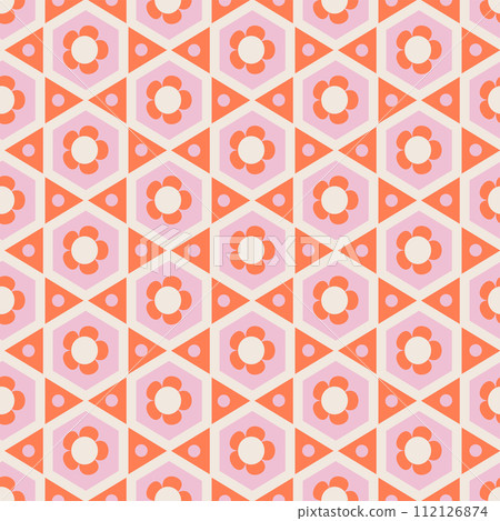 70s colorful retro vintage mid century Modern geometric floral seamless pattern with daisy flowers and hexagonal tile. Flat vector illustration. 70s colorful retro vintage mid century Modern geometric floral seamless pattern with daisy flowers and hexagonal tile. Flat vector illustration. 112126874