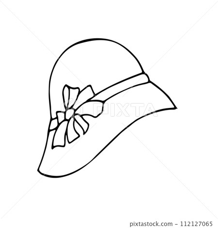 Hand-drawn fashion women's straw hat with ribbon and flower on it. Head accessory doodle isolated on white. 1930s fashion. 112127065