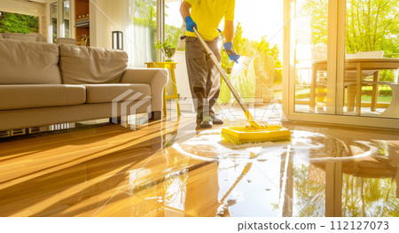 AI-generated content. A man mopping the floor. Cleaning concept AI-generated content. A man mopping the floor. Cleaning concept 112127073