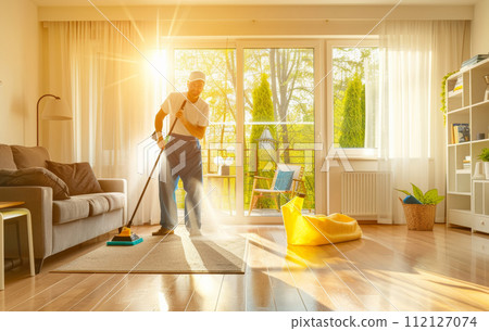 AI-generated content. A man mopping the floor in a living room.Cleaning concept AI-generated content. A man mopping the floor in a living room.Cleaning concept 112127074