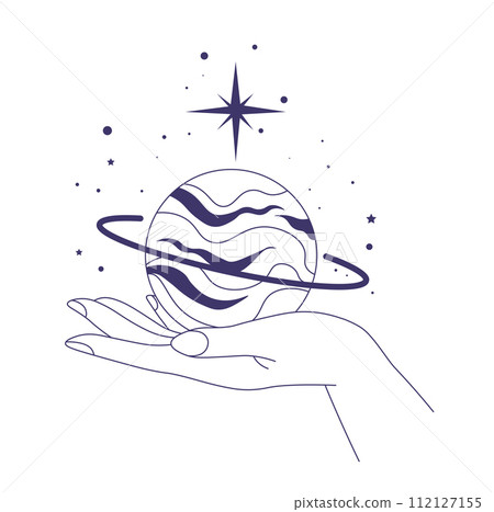 Woman hand holding celestial planet with ring 112127155
