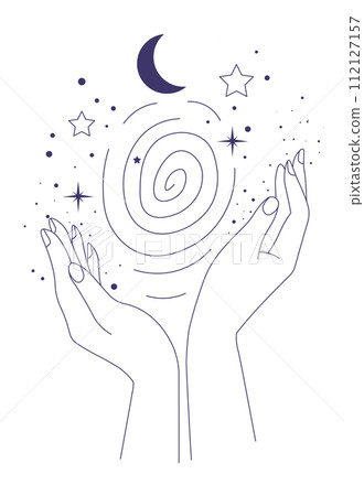 Mystic female hands holds swirling luminous galaxy 112127157