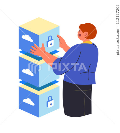 Woman holding database storage boxes, data safety Woman holding database storage boxes, data safety 112127202