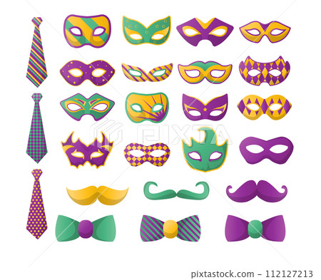 Set of carnival masks and ties, mustaches and bows 112127213