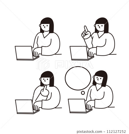 筆記本電腦和女人線描矢量圖 112127252