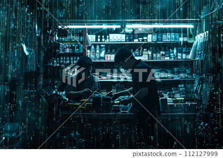 AI-generated content. Cyber security concept - dark web scene with money and items exchaging hands 112127999