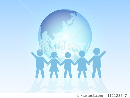 Earth background with silhouettes of children holding hands 112128847
