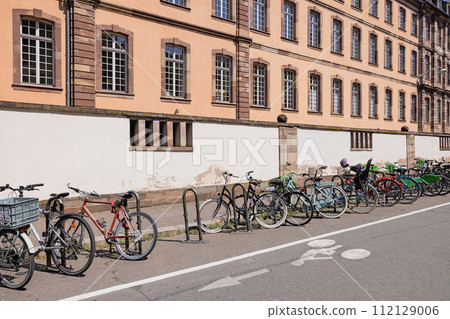 Bicycles parked on the street in Strasbourg 112129006