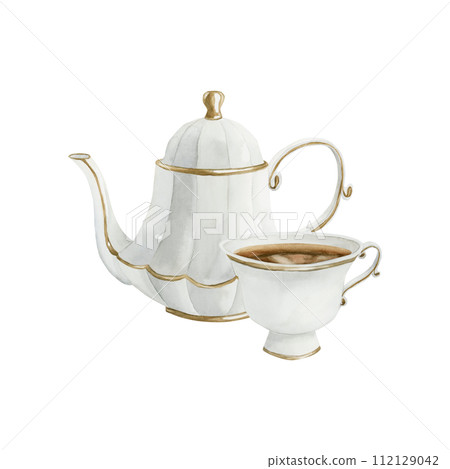 White porcelain teapot with gilded rim and cup of tea, Victorian style. Watercolor illustration hand painted isolated on white background. Perfect for invitations, greeting cards, posters, labels, wal 112129042